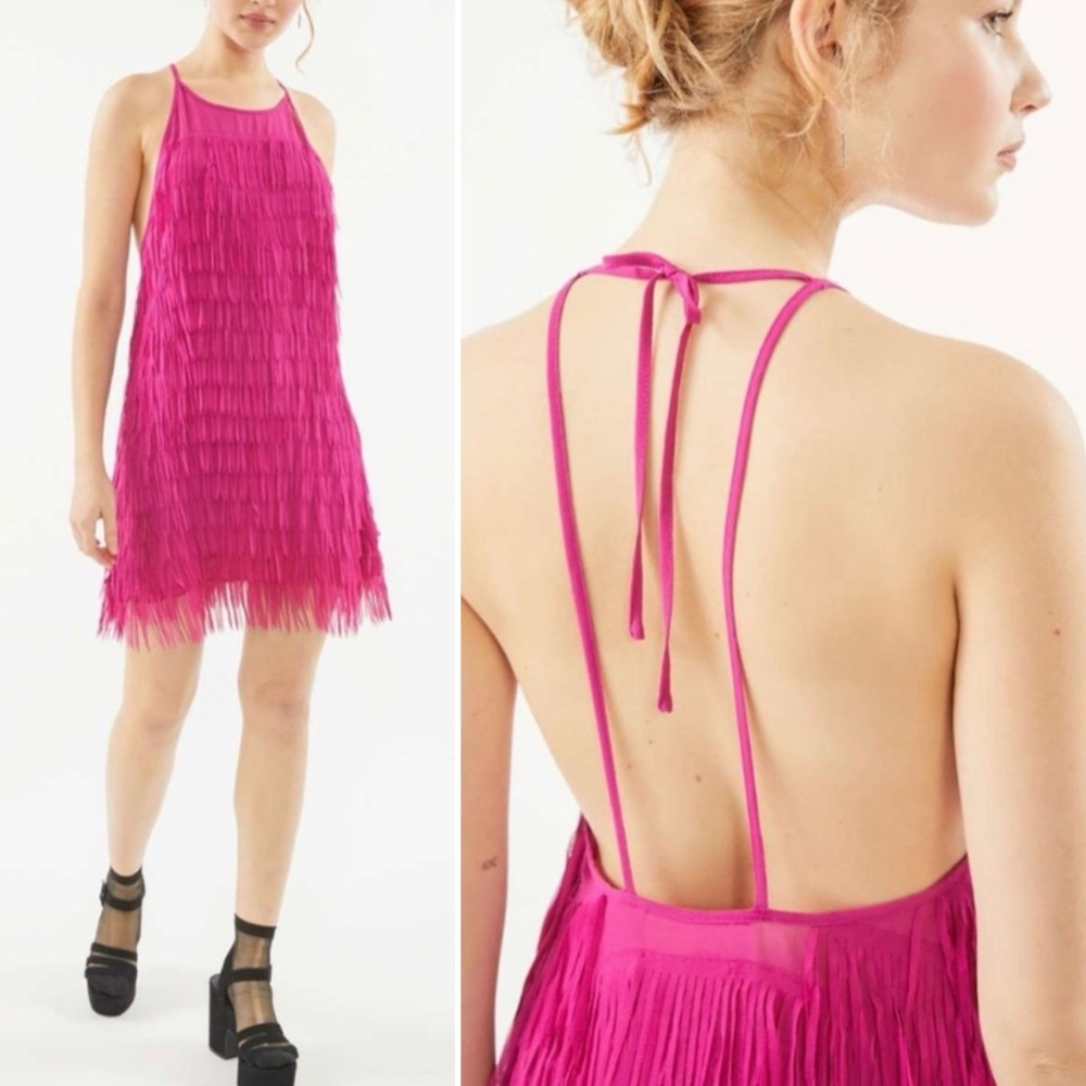 Urban Outfitters Low Back Backless Fringe Mini Dress Magenta Size Medium